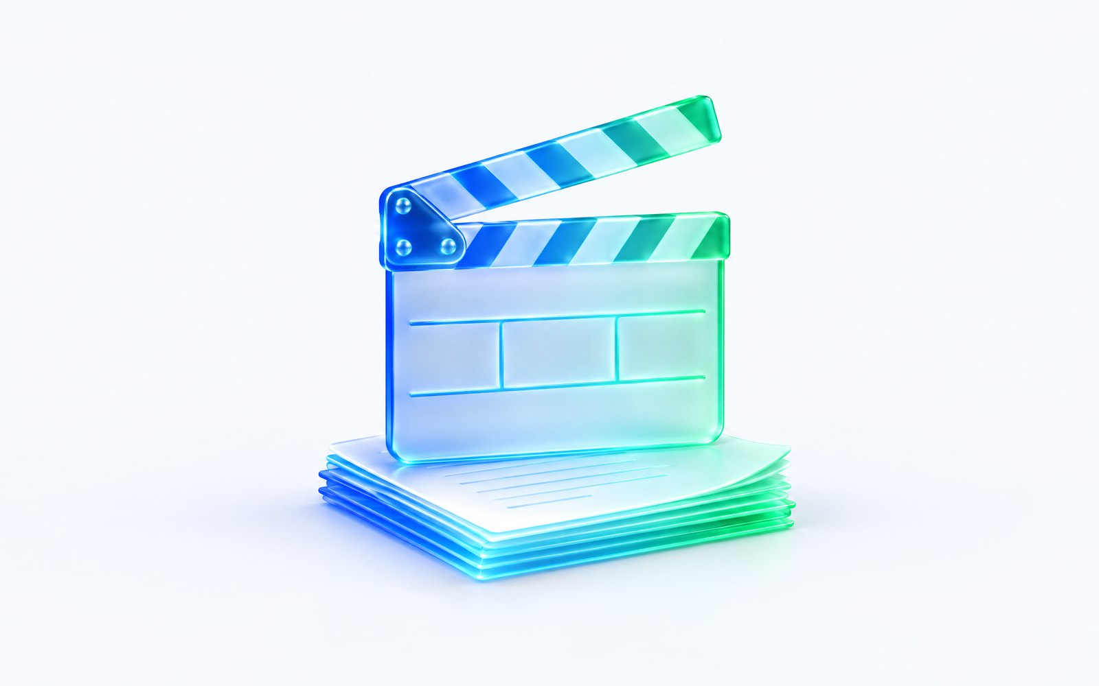 A glass film clapperboard on glowing script pages
