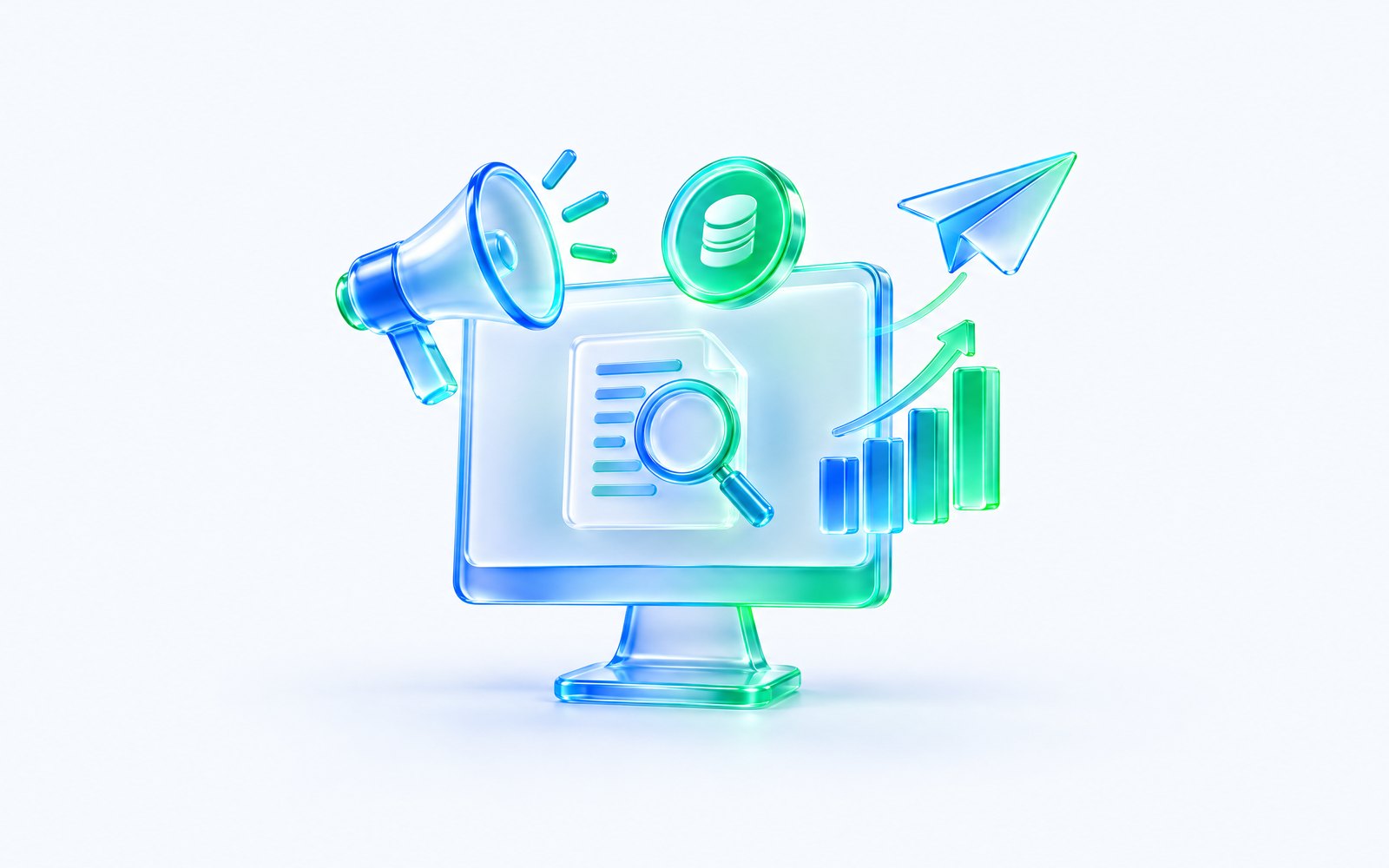 A glass monitor with a megaphone, charts and a paper plane