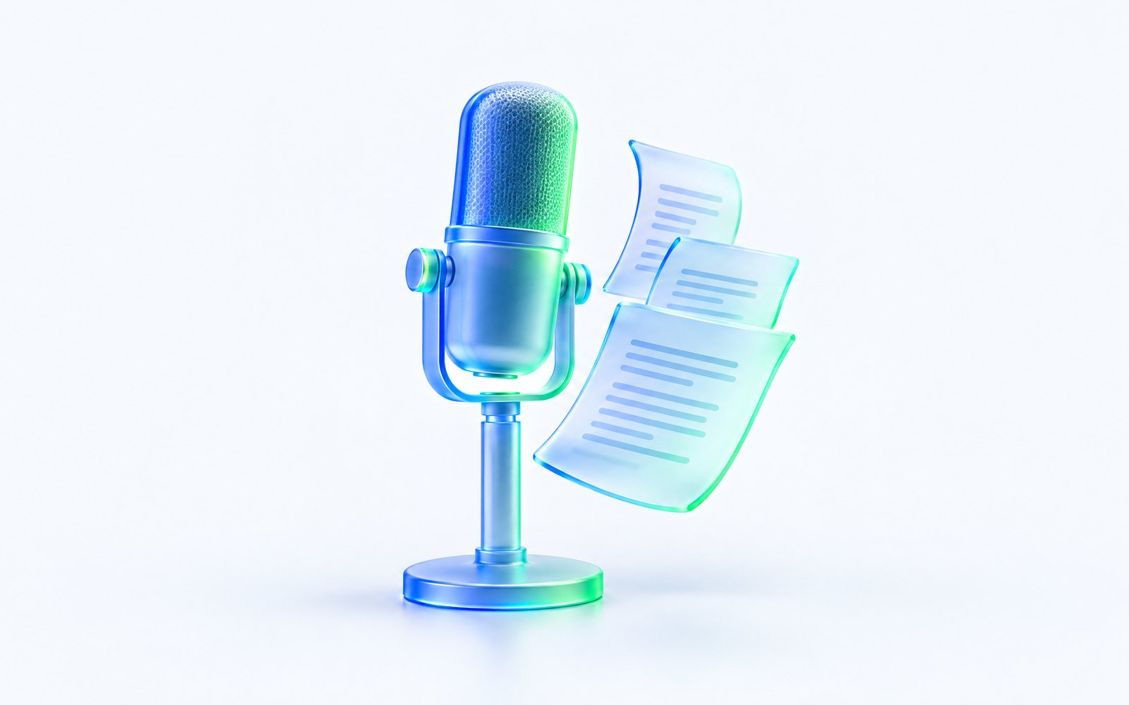 A glass studio microphone beside floating script pages