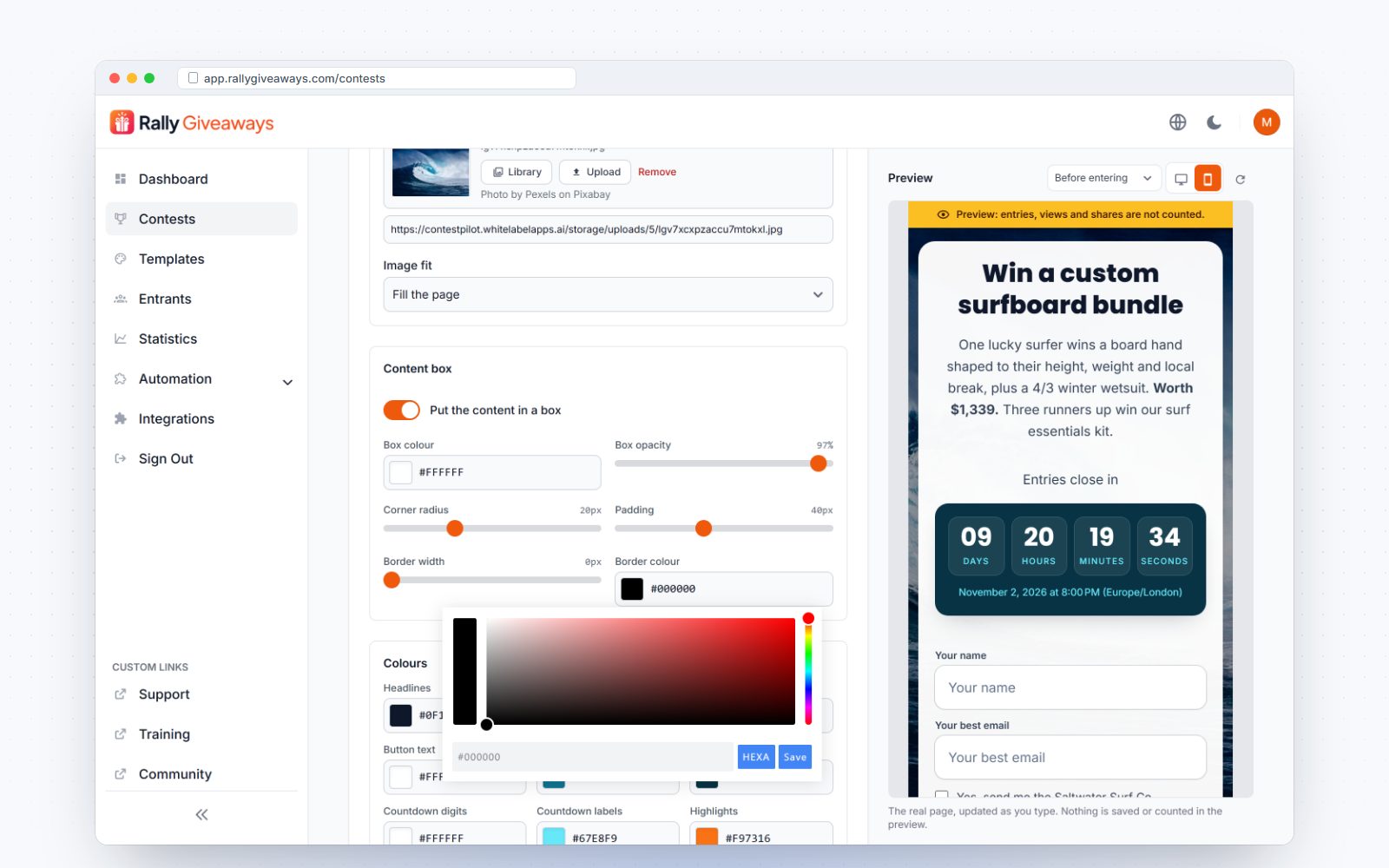 Design settings with background, content box and colour picker