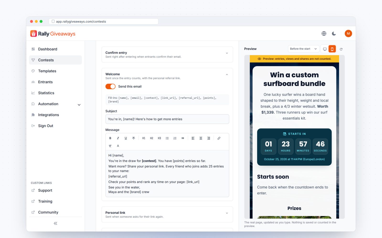Email editor with subject, body and variables