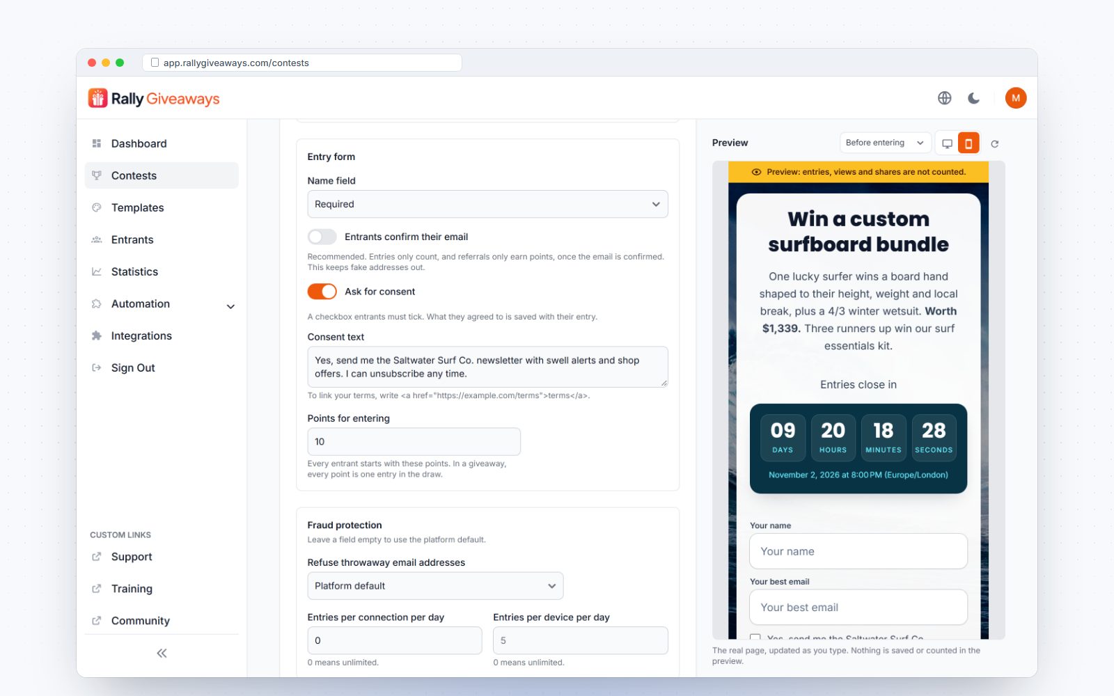 Entry form settings with name field and consent checkbox