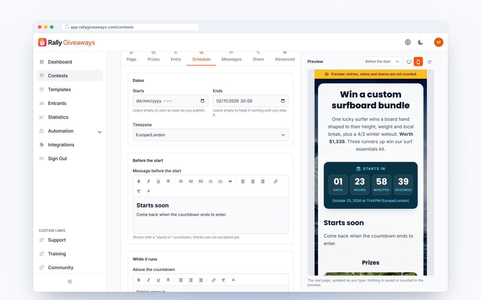 Schedule settings with start, end and timezone