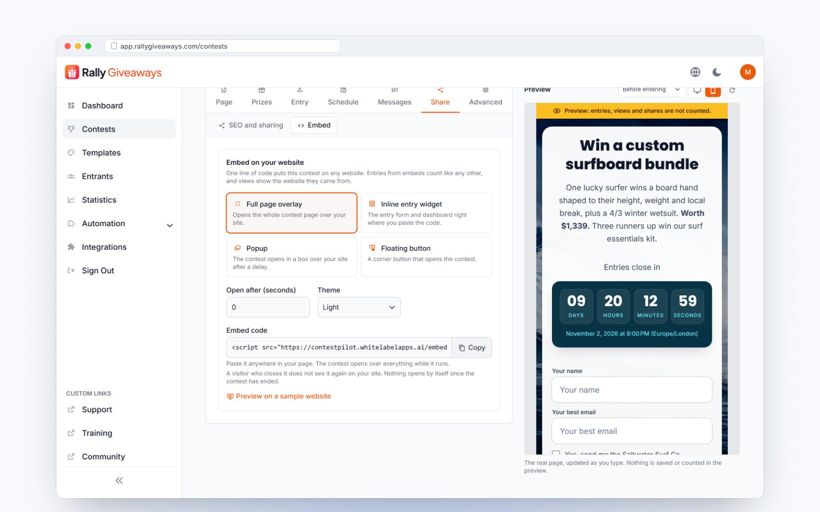 Embed codes for widget, popup, button and overlay