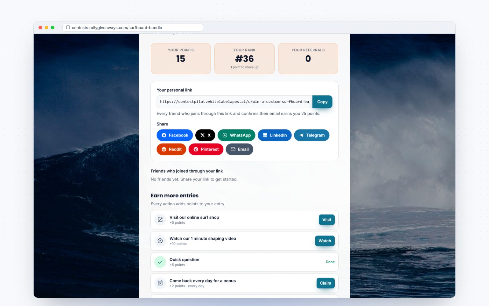 The entrant dashboard with points, rank and referral link