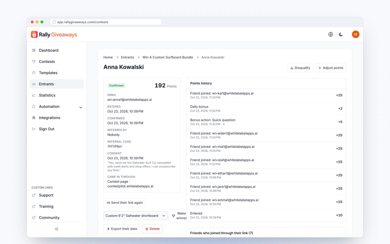 One entrant with points history and referrals