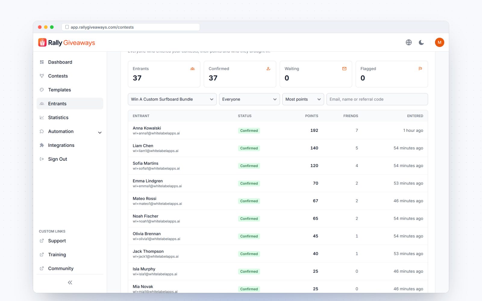Entrant list with filters and search
