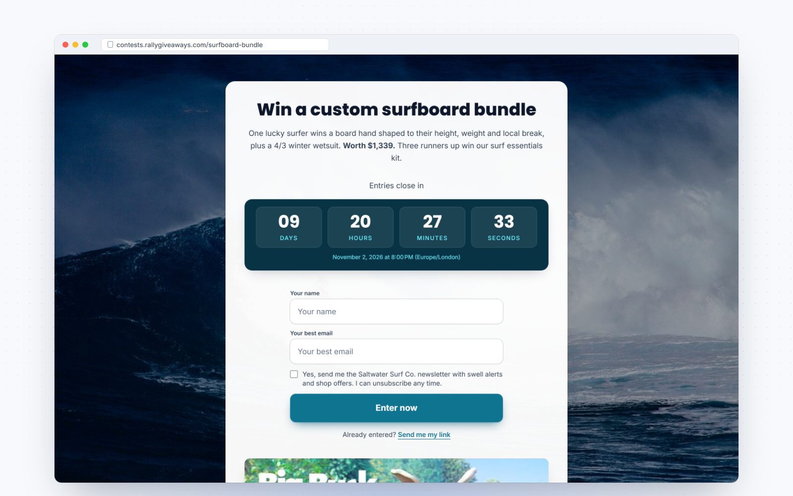 A hosted giveaway page with prizes, countdown and entry form