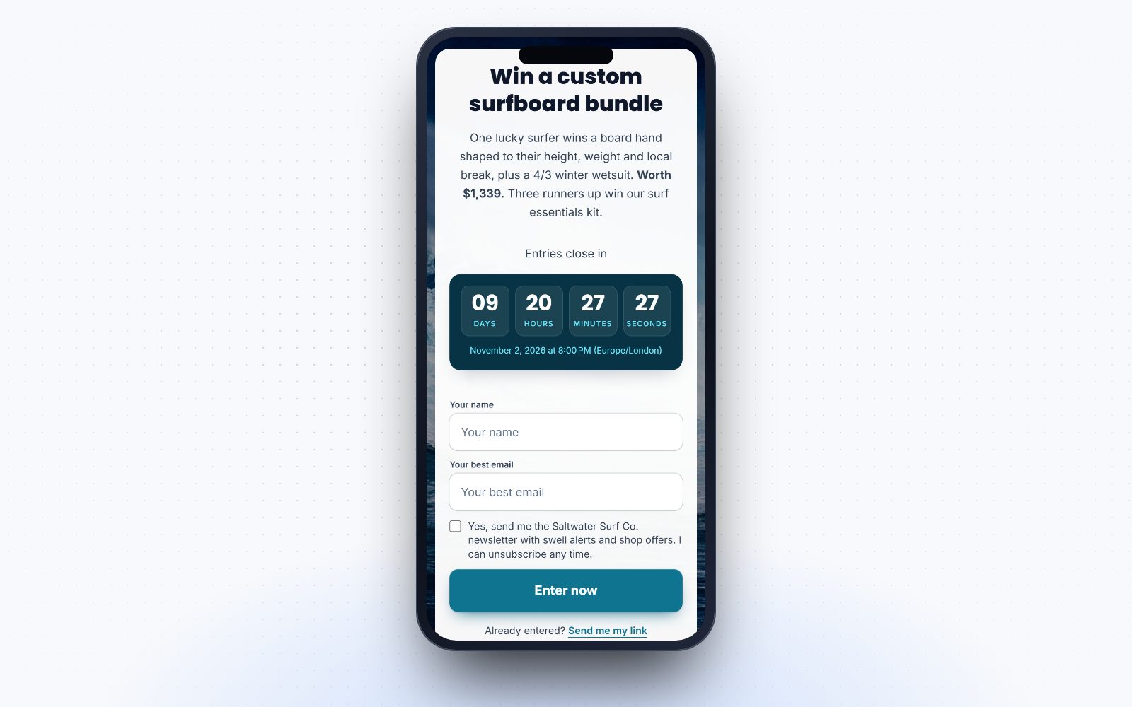 The giveaway page on a phone