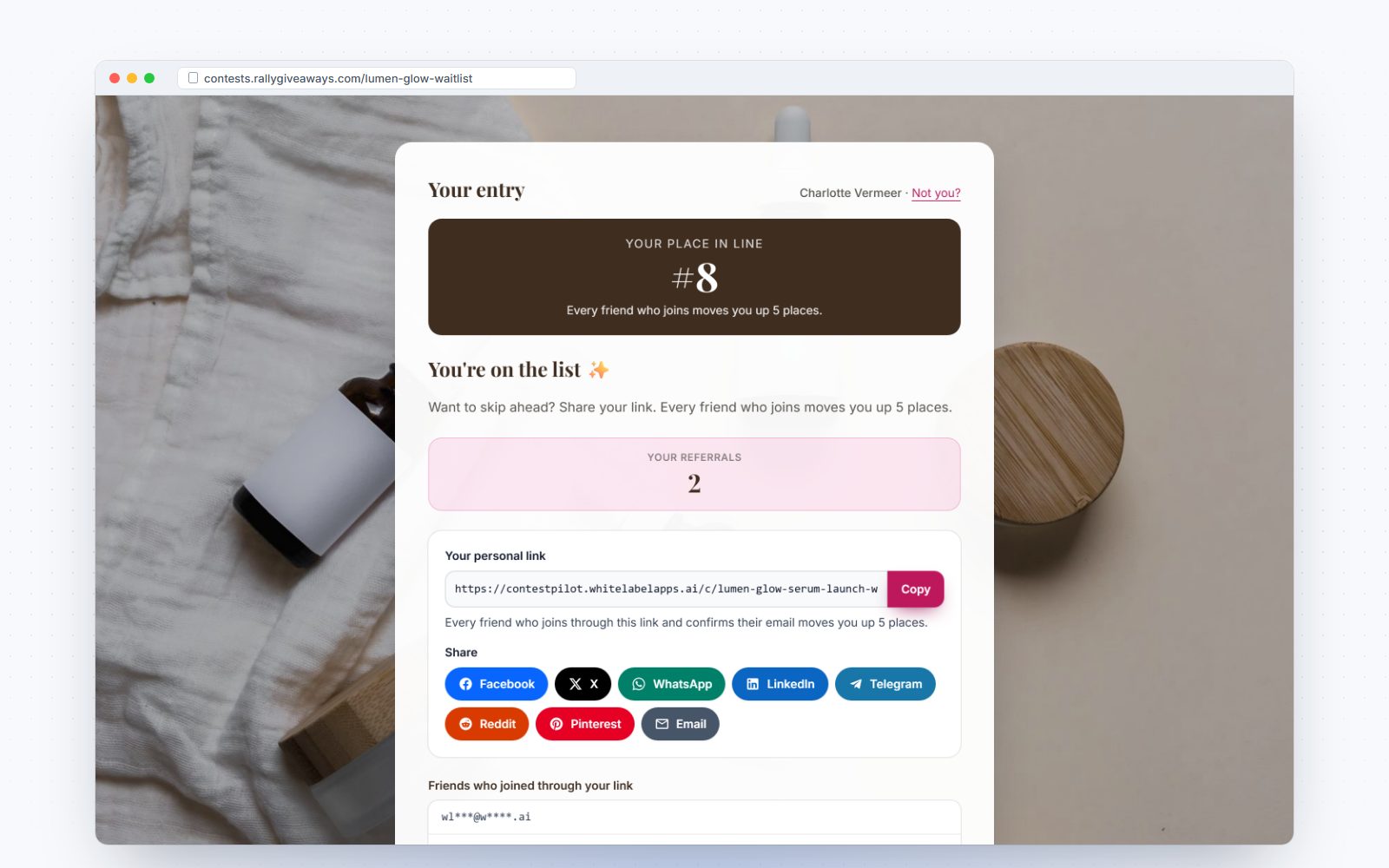A launch waitlist showing the entrant's place in line