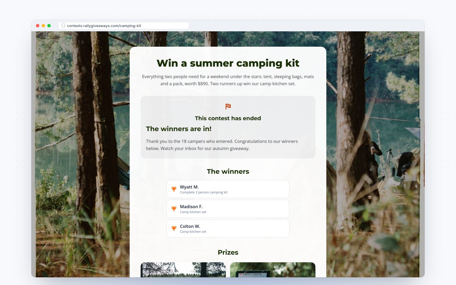 Contest page announcing the winners