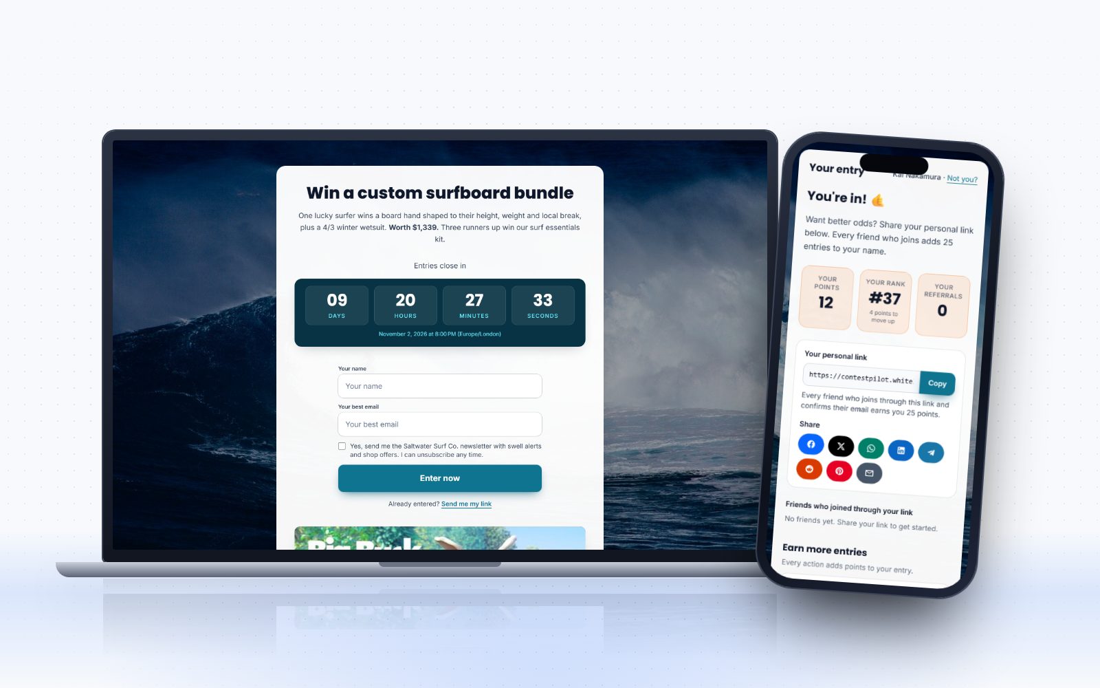 A ContestPilot giveaway page on a laptop and the entrant dashboard with a personal referral link on a phone