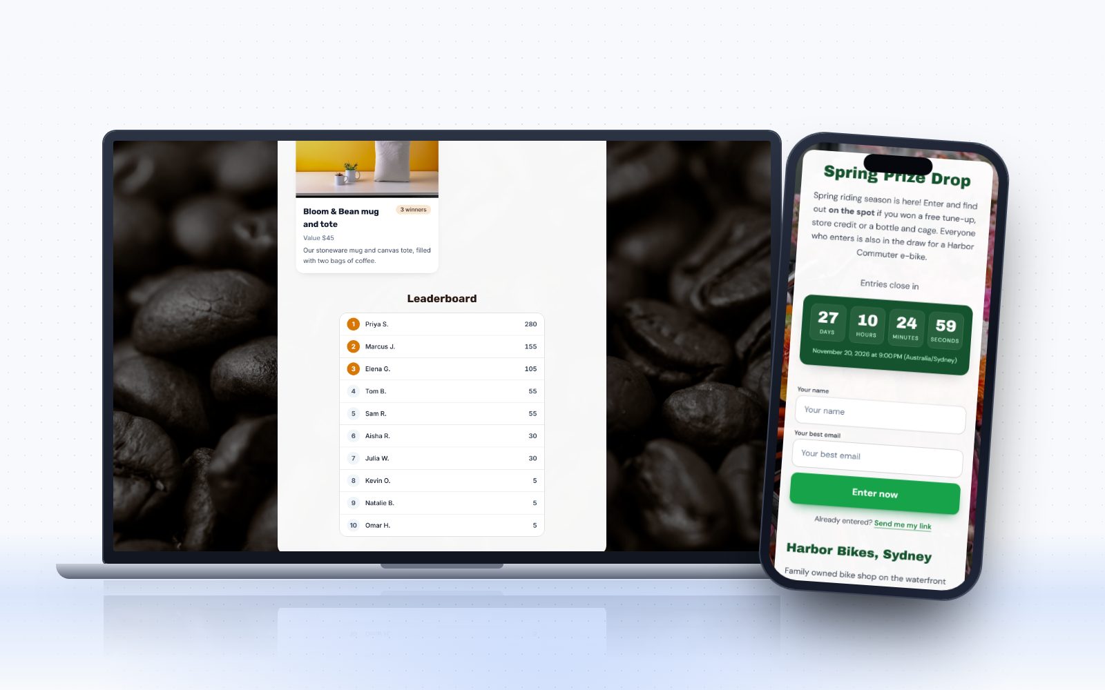 A referral contest page with its live leaderboard on a laptop and the entrant's rank on a phone