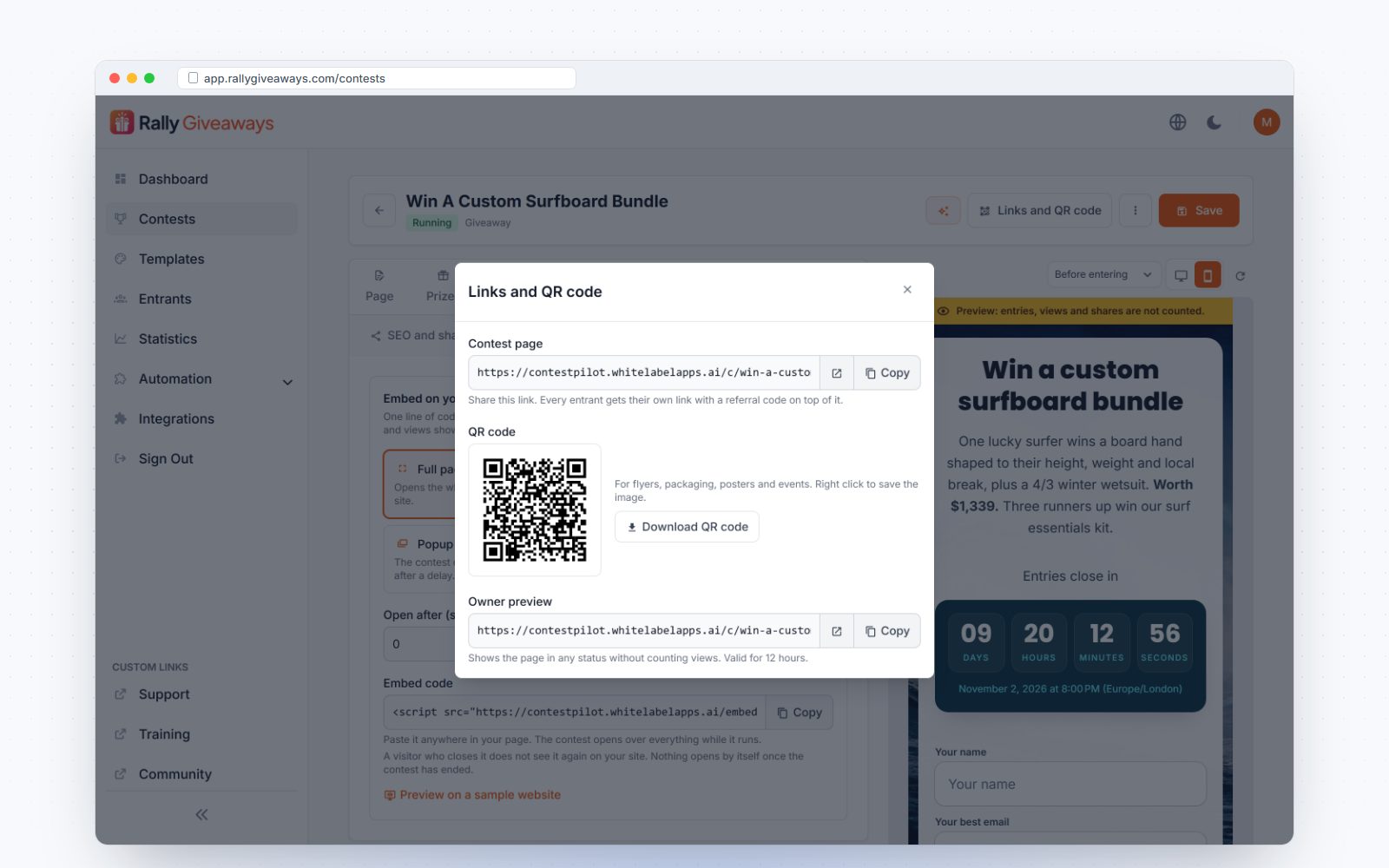 Public link with copy button and QR code