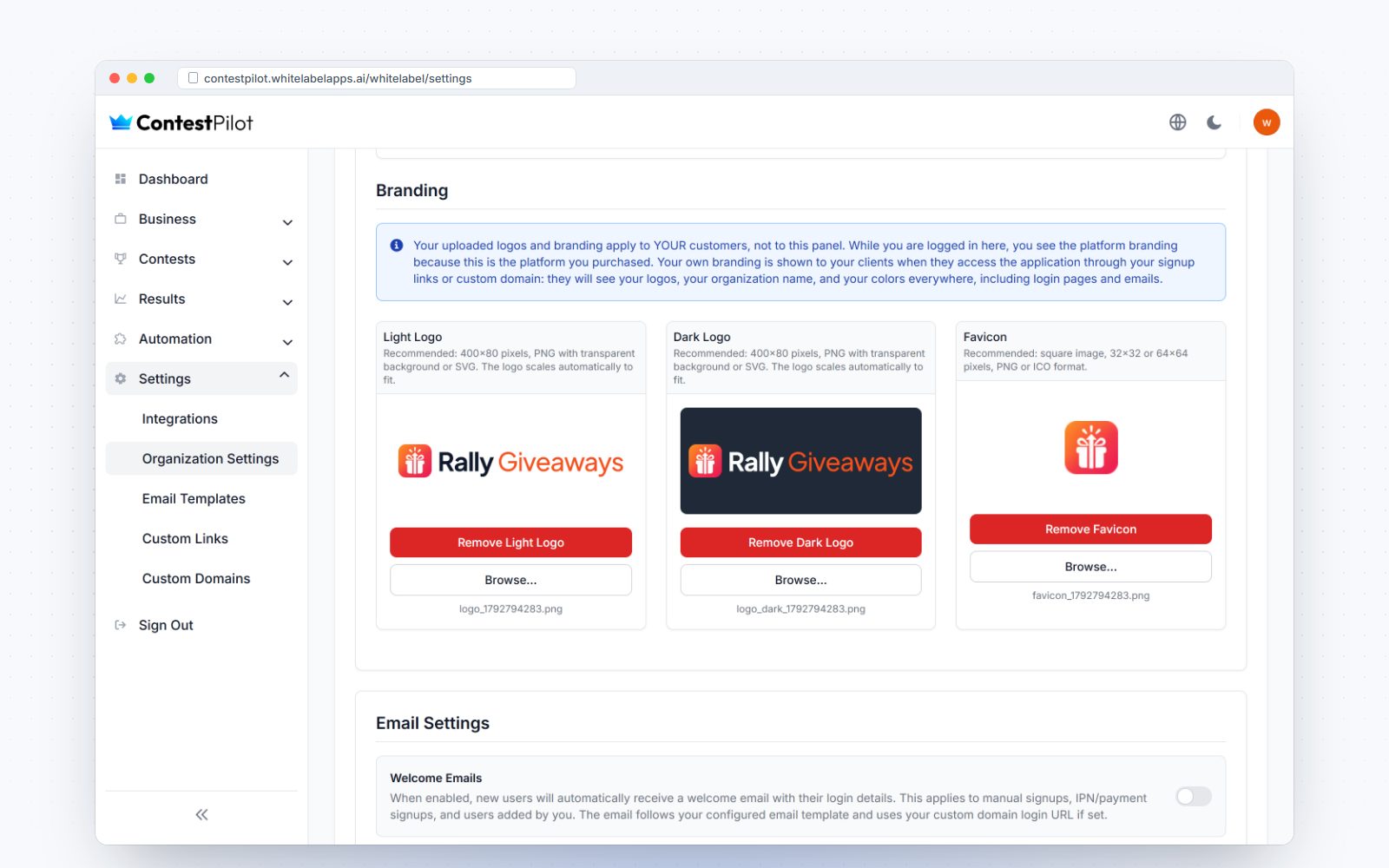 Branding settings with light logo, dark logo and favicon