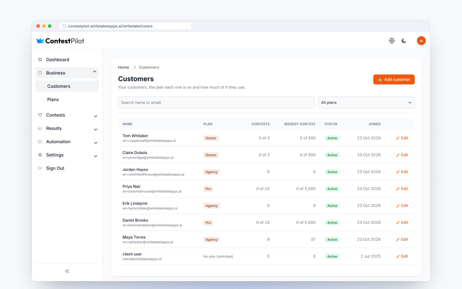 Customer list with plans and usage