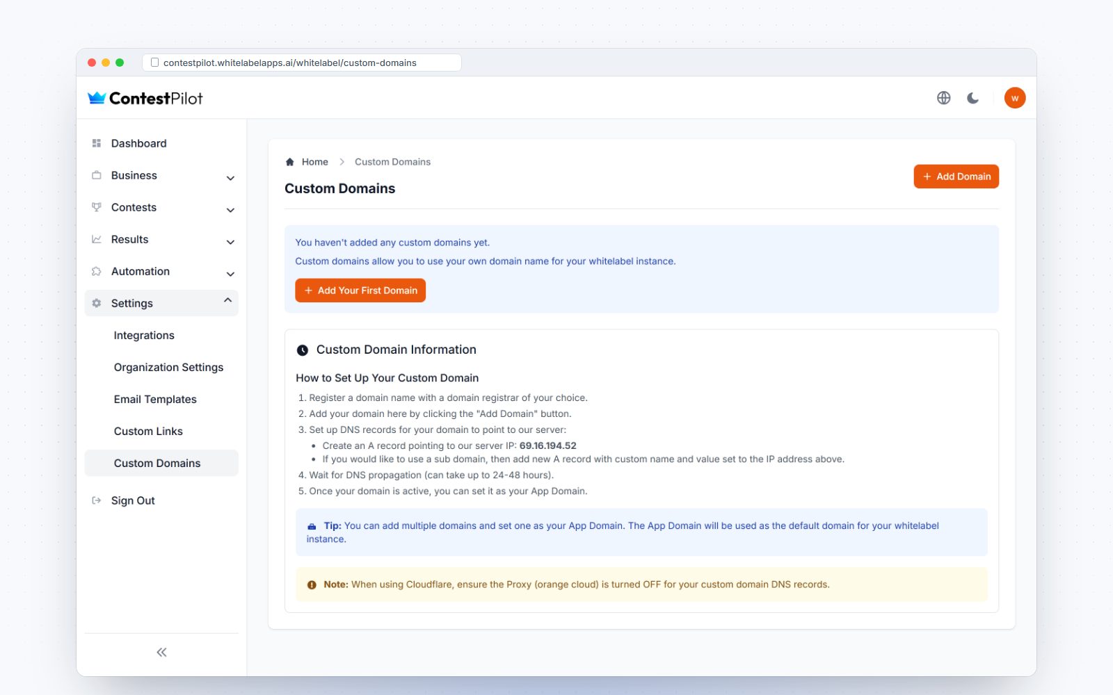 Custom domain settings