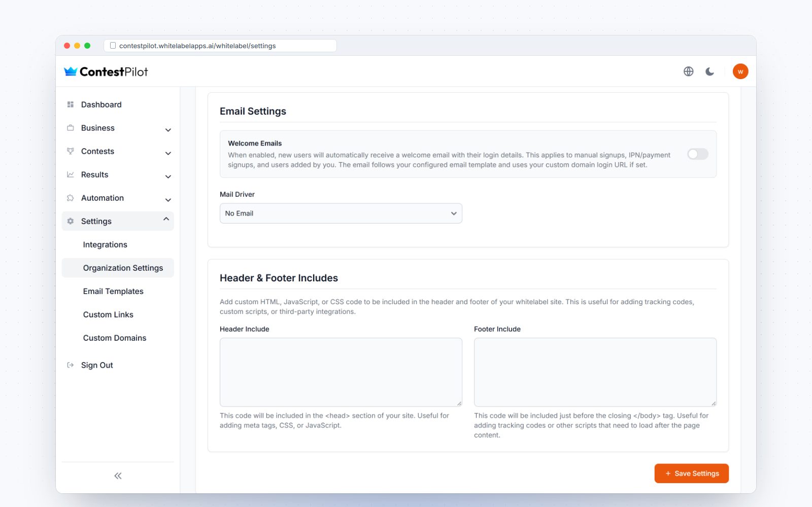 Email sending settings
