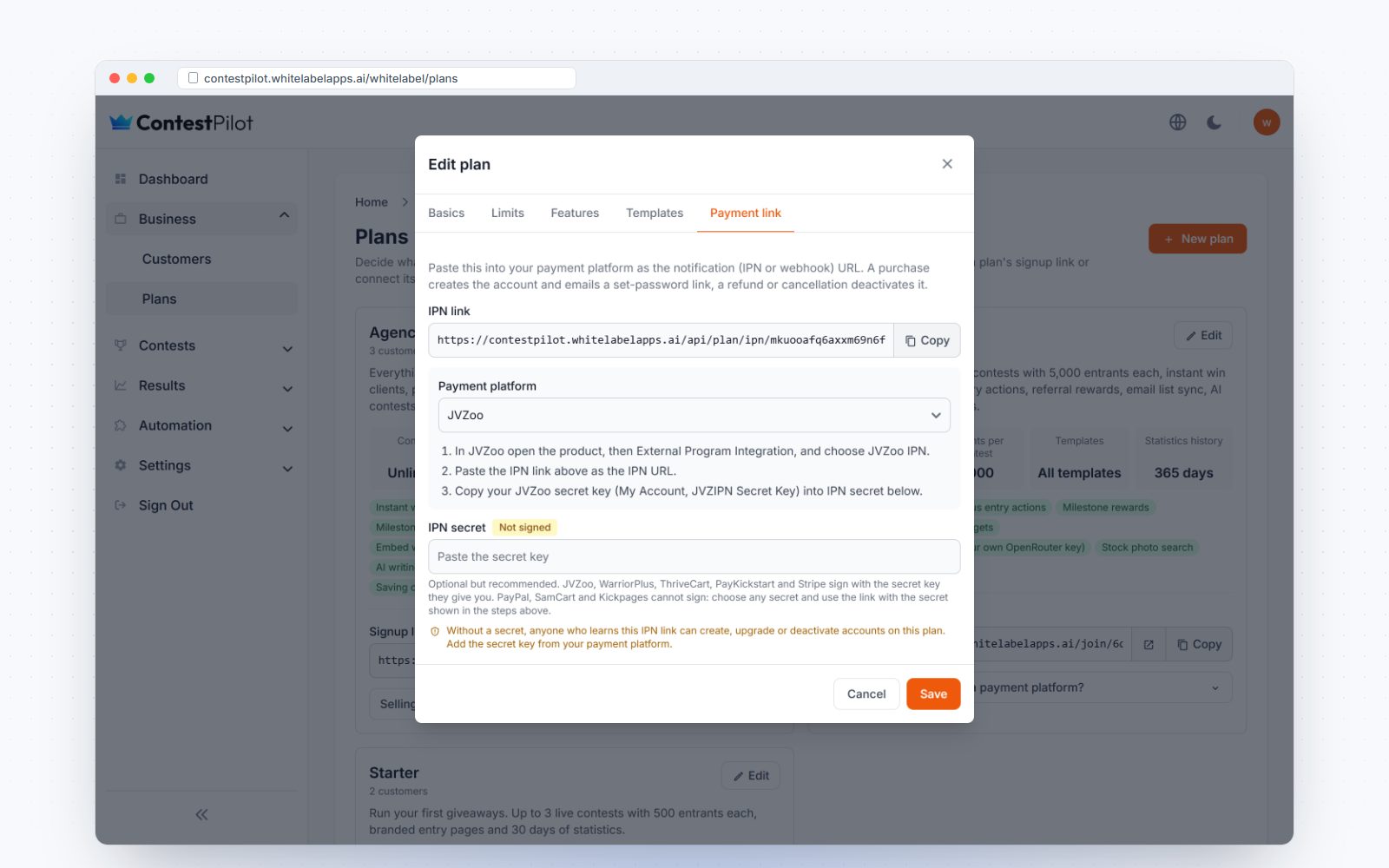 A plan's IPN link and payment platform settings